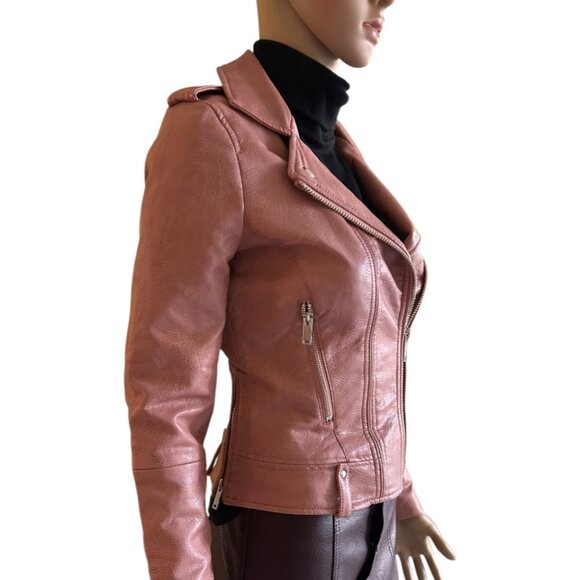 NEW Mango Faux Leather Pink Holiday Cocktail DUSTY ROSE BIKER MOTO JACKET XXS - Picture 2 of 4